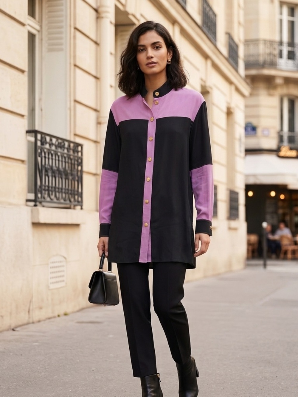 Fausto Puglisi Italy Colorblock Silk Blend Snap Button Blouse Shirt